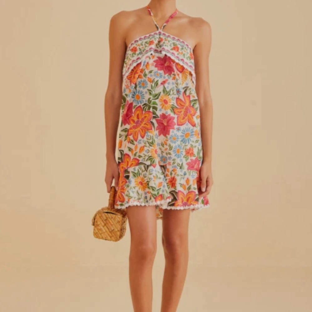 Farm Rio Bloom Garden Halter Mini Dress Size: L